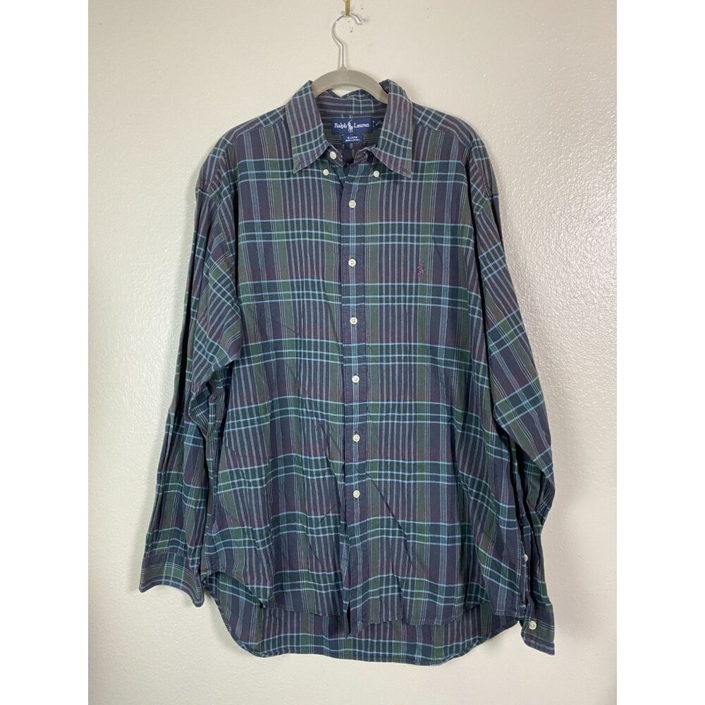 Ralph Lauren Blaire Plaid Button Down Long Sleeve Shirt Men‎ sz Large Green Blue